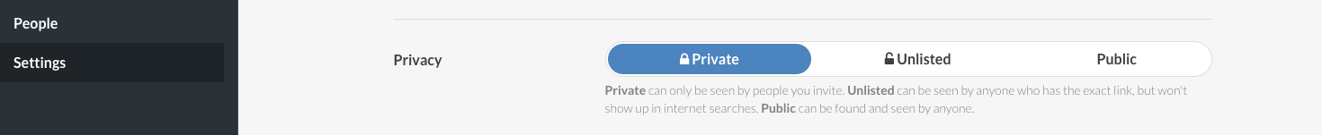 Screenshot showing the privacy settings options in the Buzzy Workspace