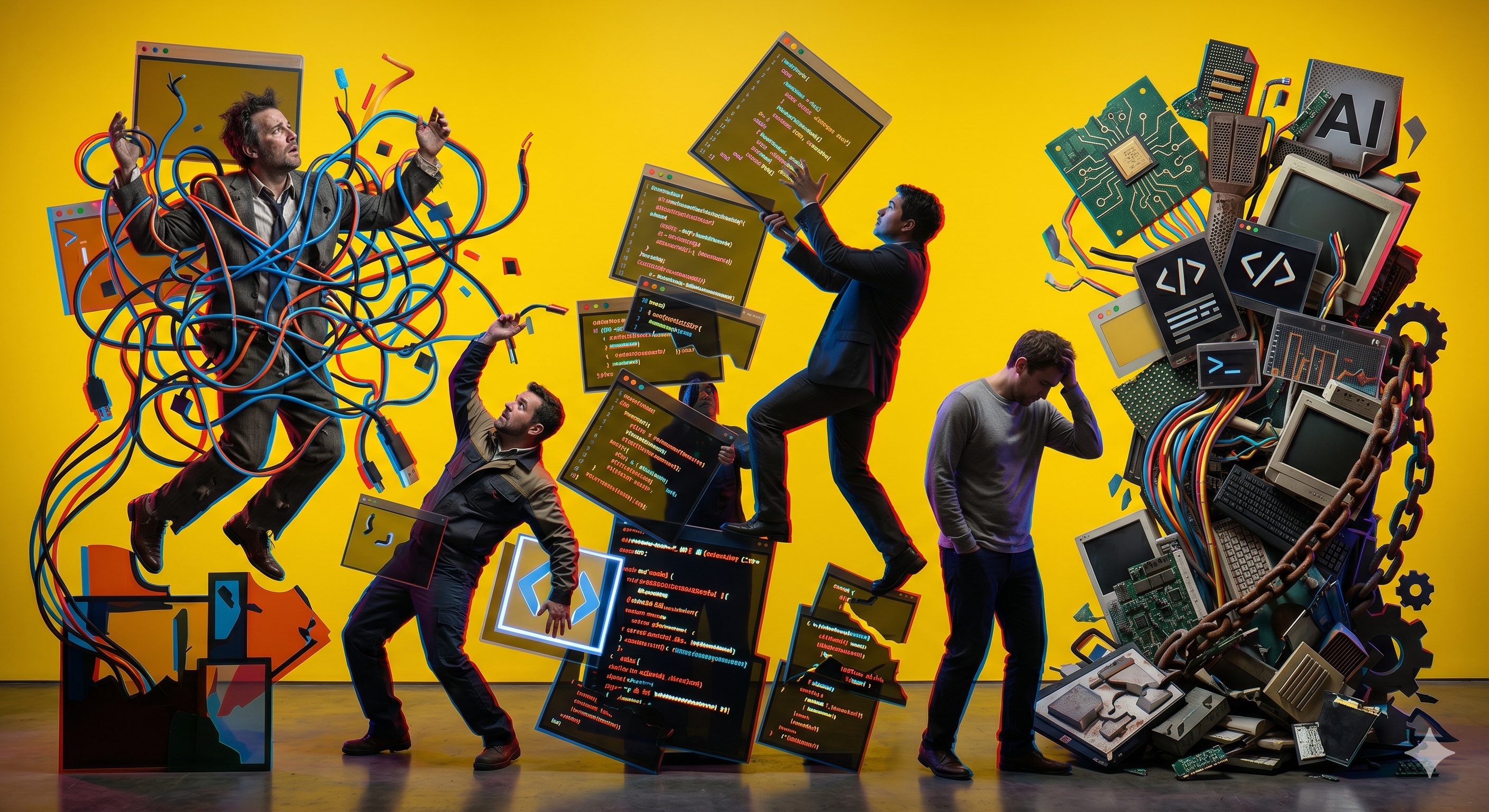 Blog card artwork showing a chaotic collage of tangled cables, floating code panels, and AI hardware on a bright yellow background.
