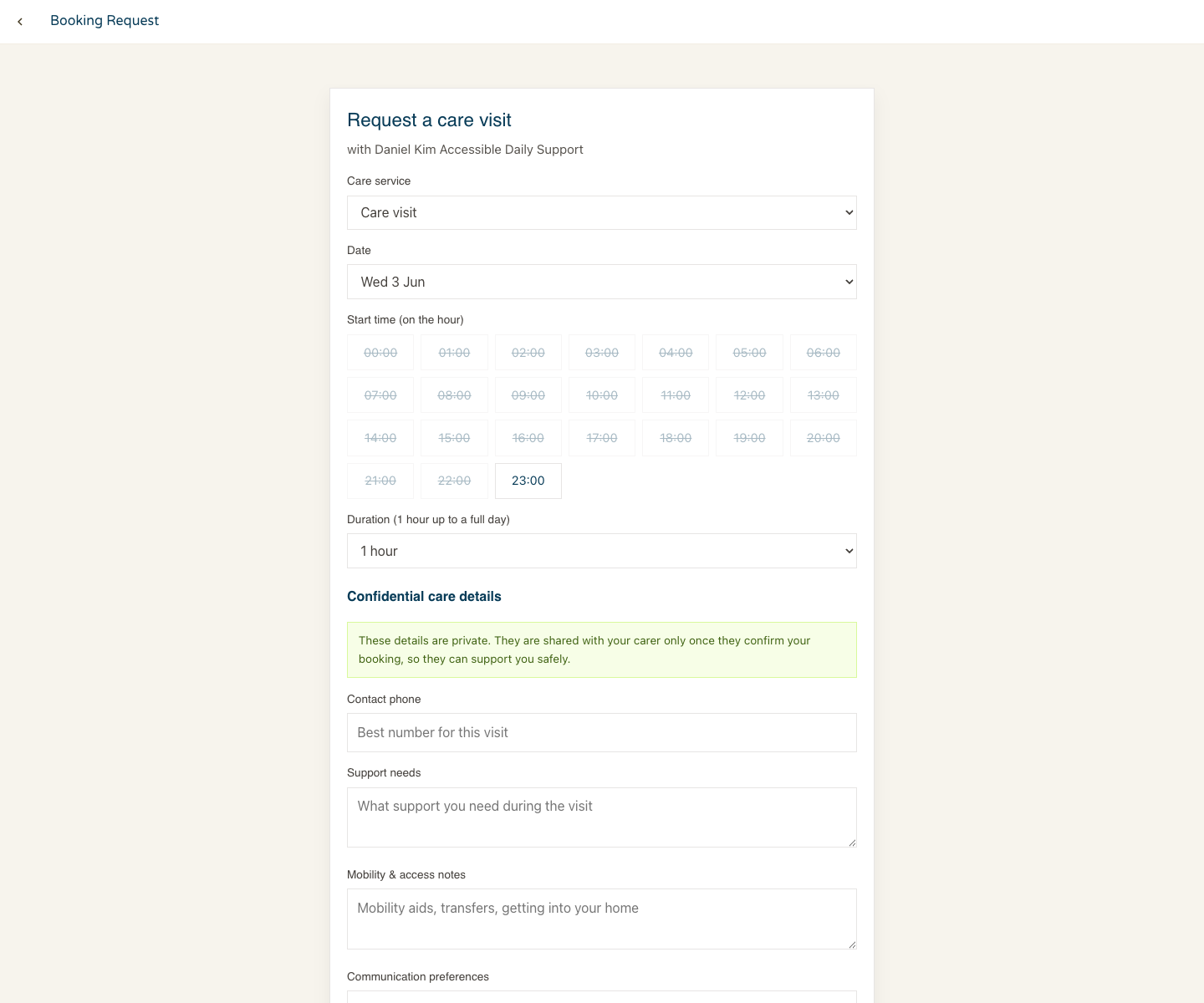 CareConnect booking request screen showing service, date, hourly time slots, duration, and confidential care detail fields.