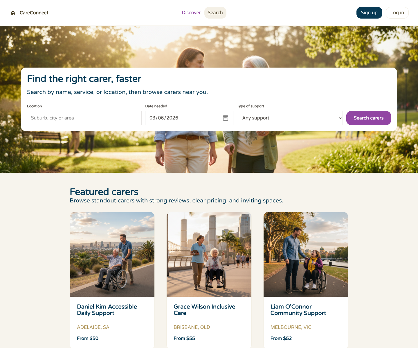 CareConnect public runtime home page showing care search and featured carers.