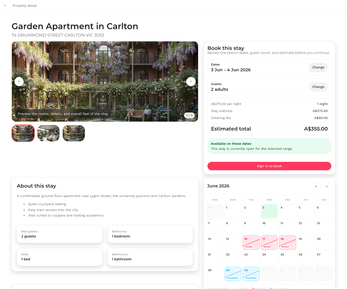 ShortStay property detail page showing a booking panel, availability calendar, address, and nightly pricing.