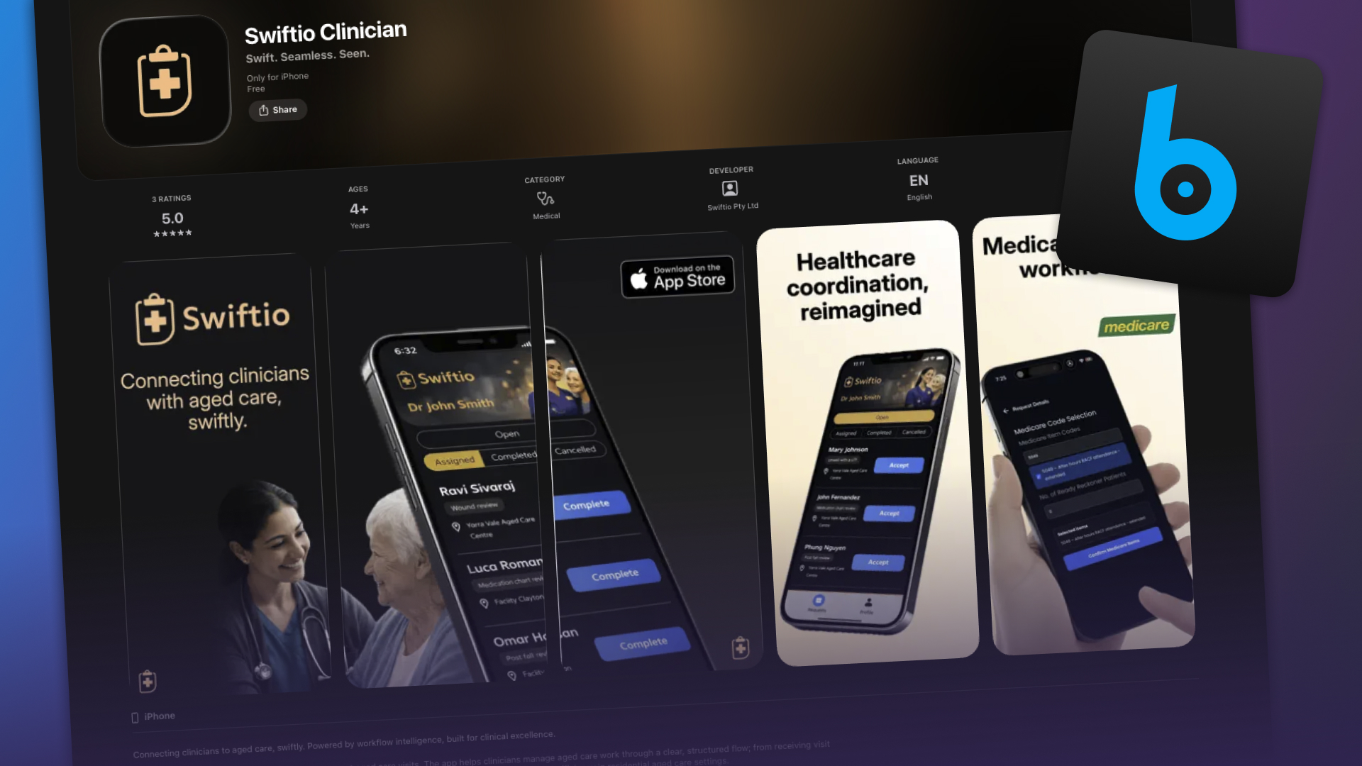 Swiftio case study artwork showing stylised product screens and app devices grounded in a real interface.