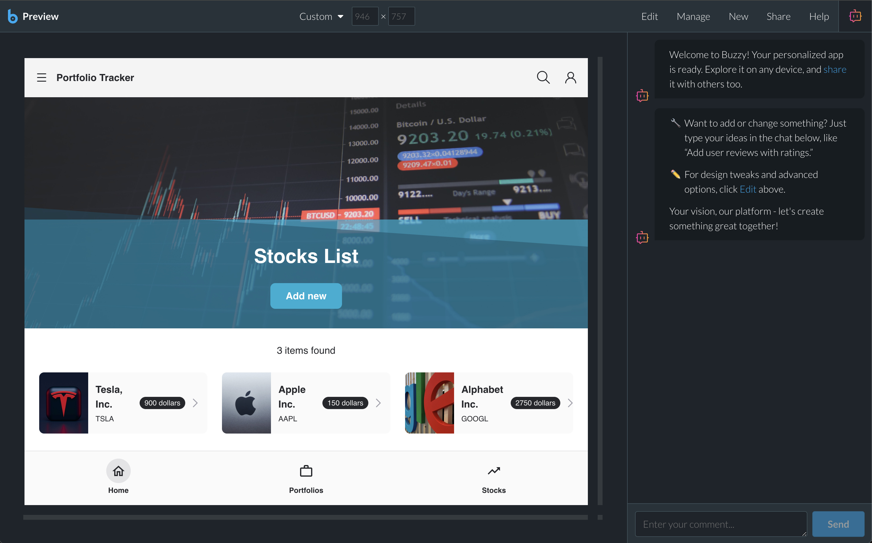 A screenshot of the initial app with some sample data, to help us better visualize the concept