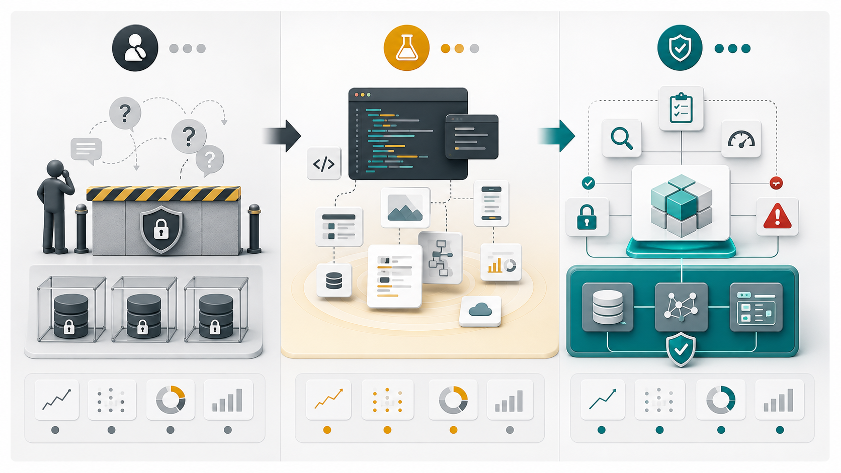 Infographic showing three enterprise AI postures from cautious waiting to experimentation to governed production