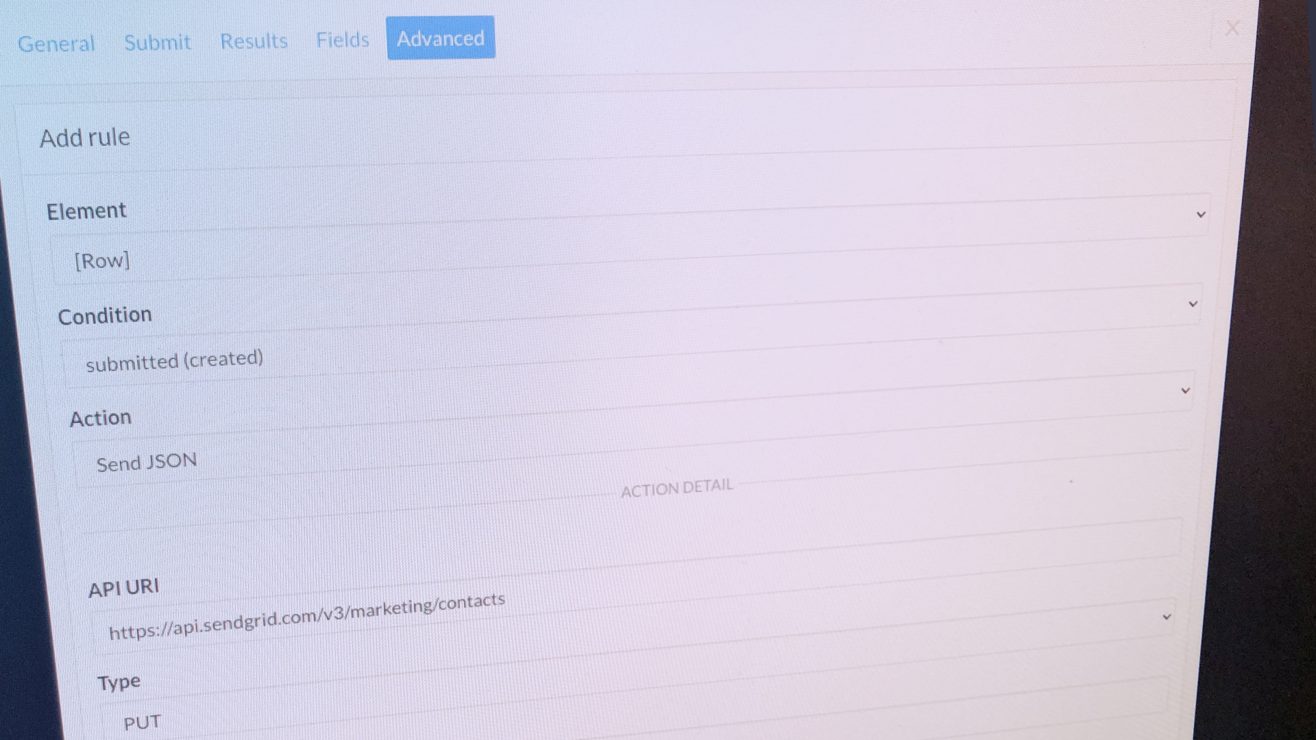 Screenshot of the Buzzy CMS showing an API call being defined via a 'rule'