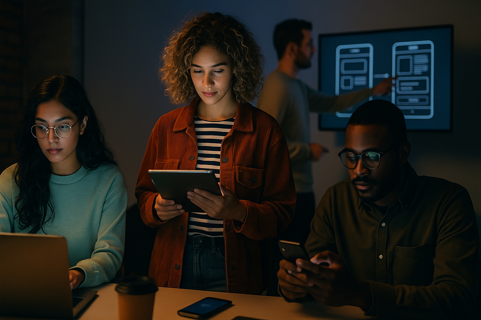 Blog card image showing a simple, cinematic team scene around devices and product screens.