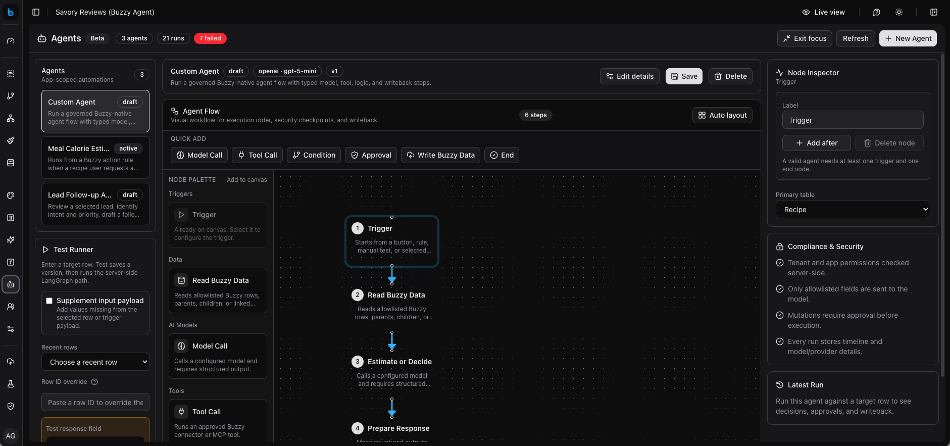 Buzzy Agents screen showing app-scoped agent flows, security checkpoints, and run controls.