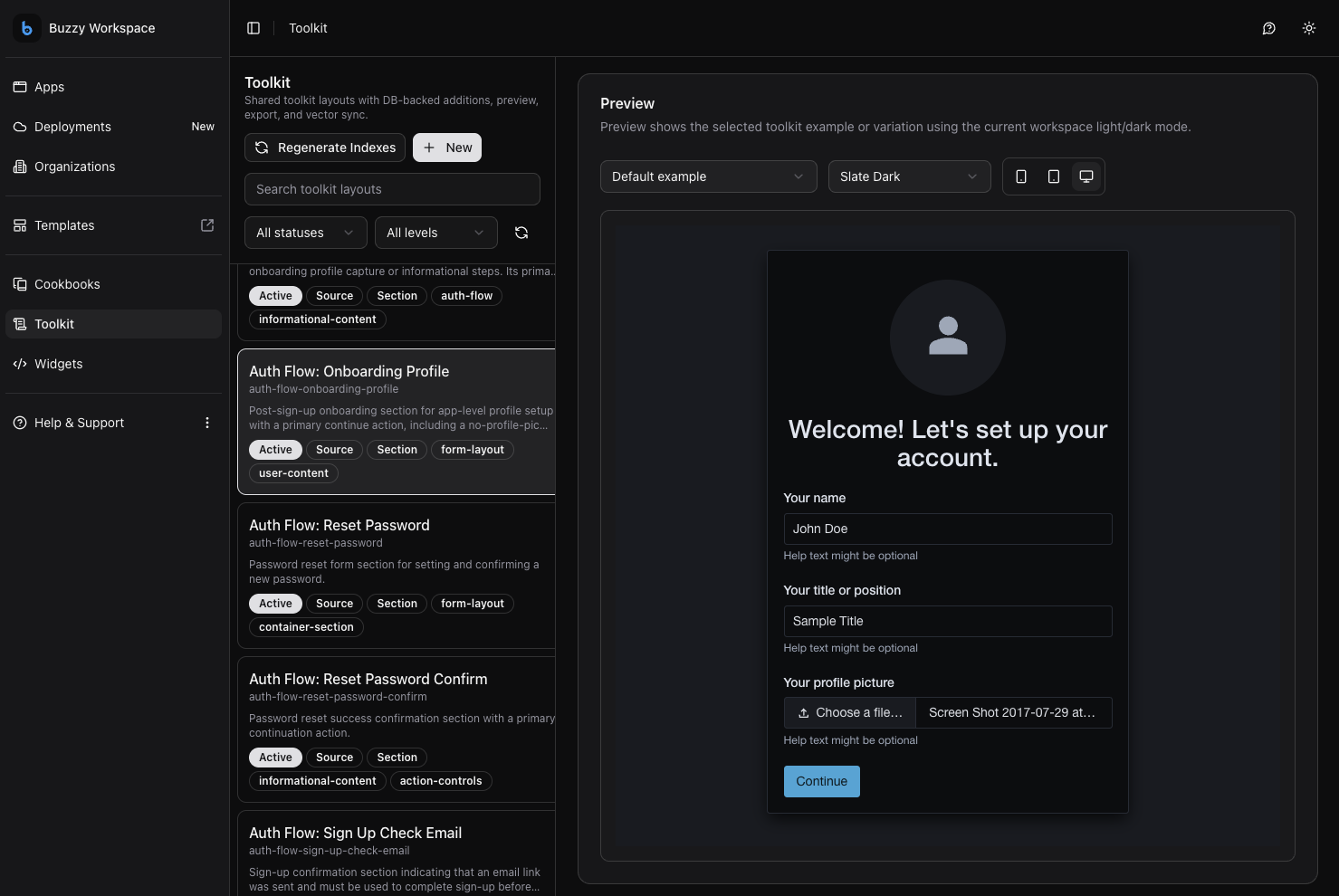 Buzzy toolkit screen showing reusable toolkit layouts and a preview panel.