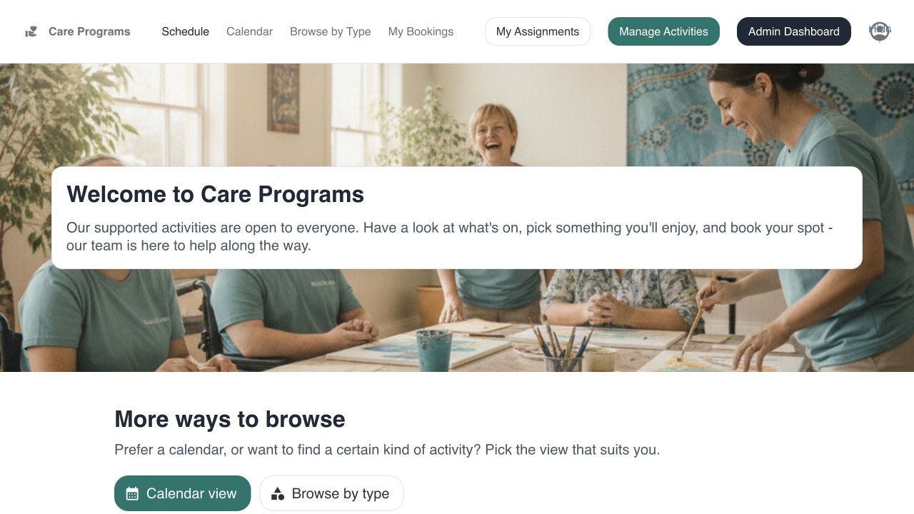 Care Programs managed template showing its activities schedule and navigation